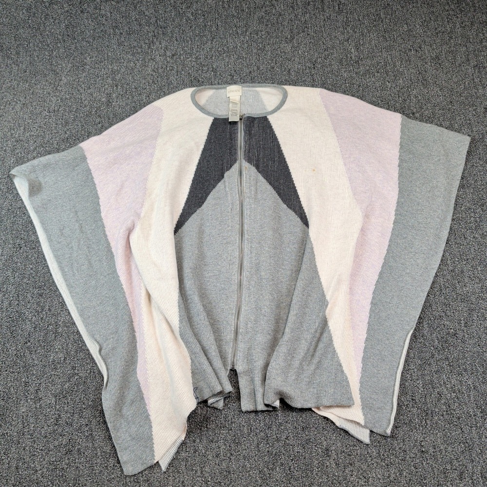 Chico's Modern Zip Front Poncho OS Grey Pink 100% Cotton Knit Colorblock Wrap